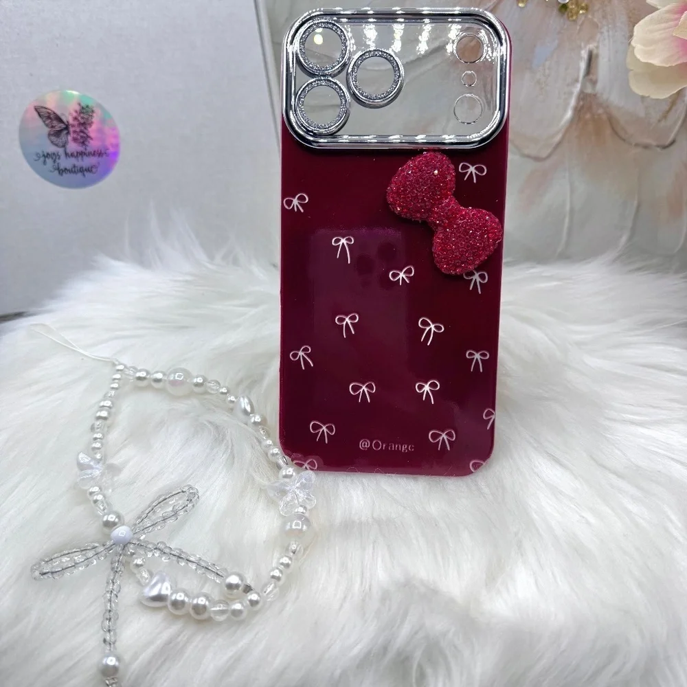 Chic iPhone 17 Pro Max  Bow Theme Wine Case w/ bows design & matching bead charm